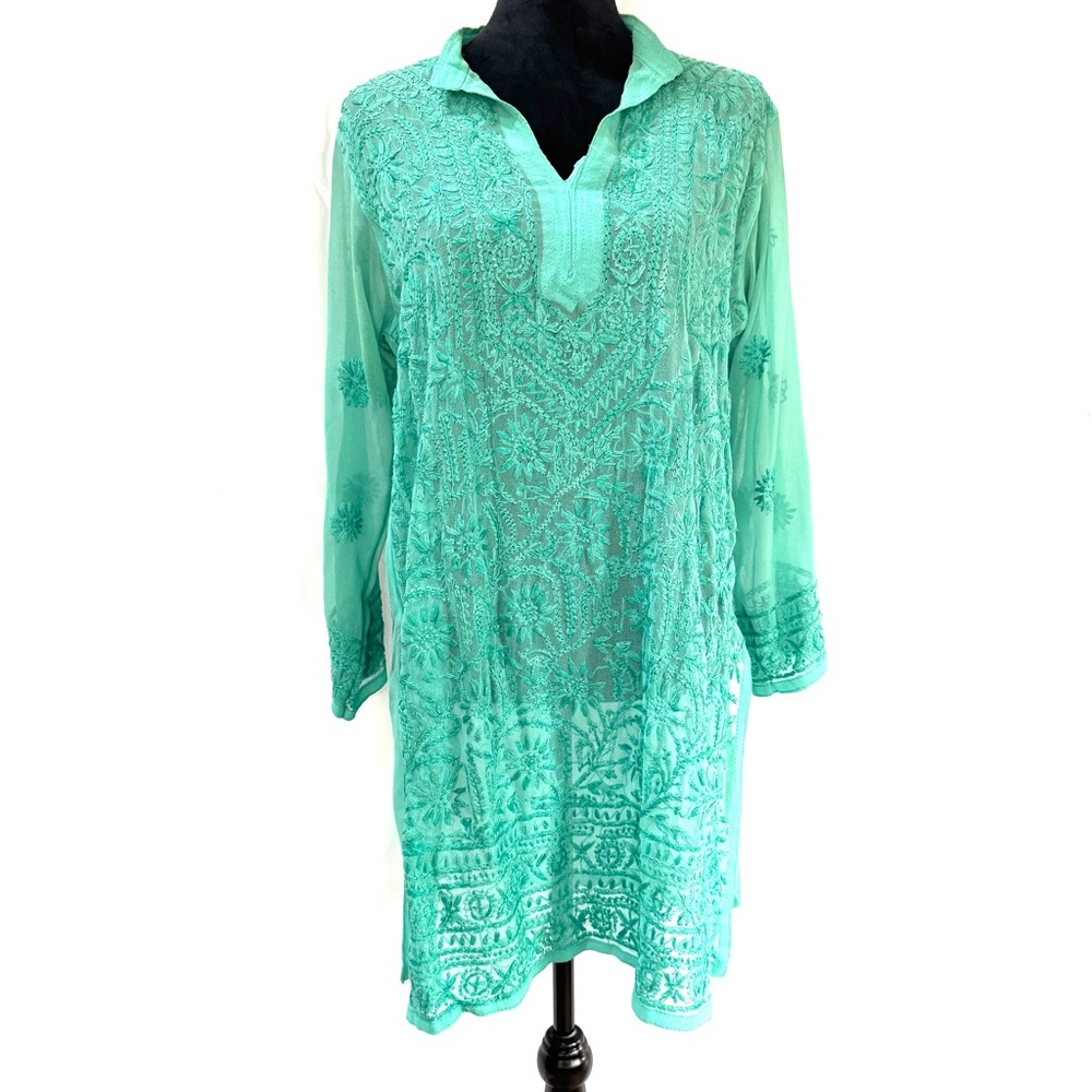 Hand Embroidered Sheer Sea Green Kurta / Tunic Top, Georgette, Indian